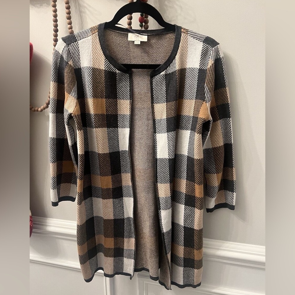 LOFT Plaid Open-Front Cardigan Sweater in Black, White, Tan